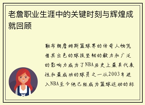 老詹职业生涯中的关键时刻与辉煌成就回顾