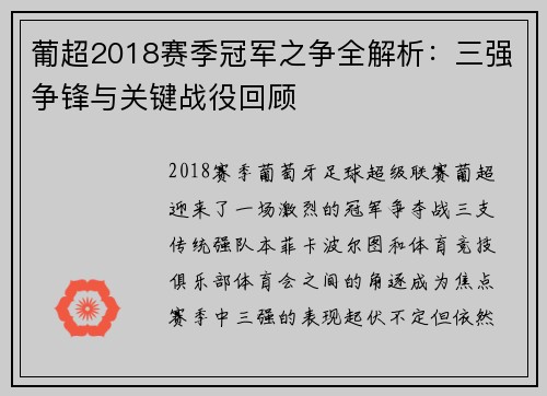 葡超2018赛季冠军之争全解析：三强争锋与关键战役回顾